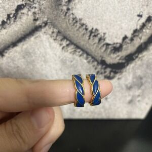 Vintage MONET Gold-tone Teal Enamel Diagonal Striped Earrings Pierced Ears